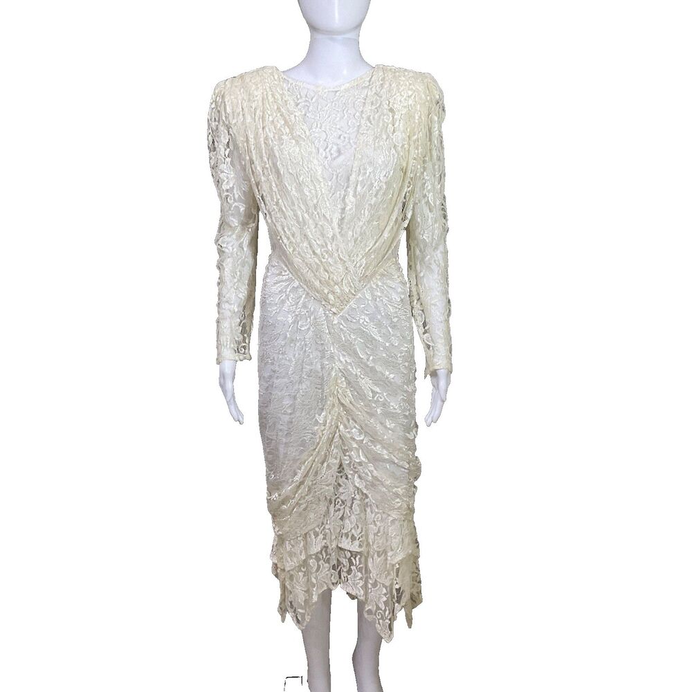 Vtg. Ala Carte California Lace Dress 10 Ivory Ruched Romantic Fairy Core Wedding